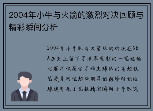 2004年小牛与火箭的激烈对决回顾与精彩瞬间分析