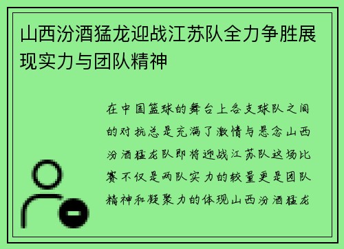 山西汾酒猛龙迎战江苏队全力争胜展现实力与团队精神