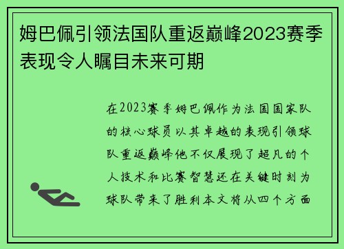 姆巴佩引领法国队重返巅峰2023赛季表现令人瞩目未来可期