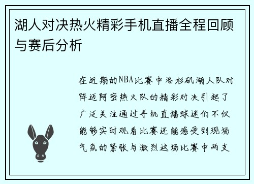 湖人对决热火精彩手机直播全程回顾与赛后分析