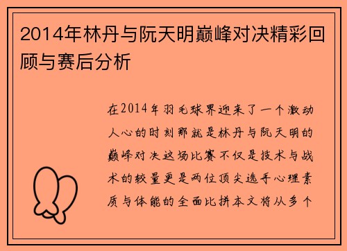 2014年林丹与阮天明巅峰对决精彩回顾与赛后分析